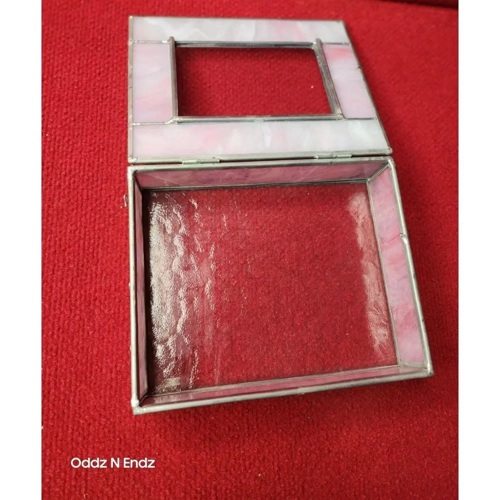 Stained Glass Trinket Box With Pink Opalescent Accents & Metal‎ Frame